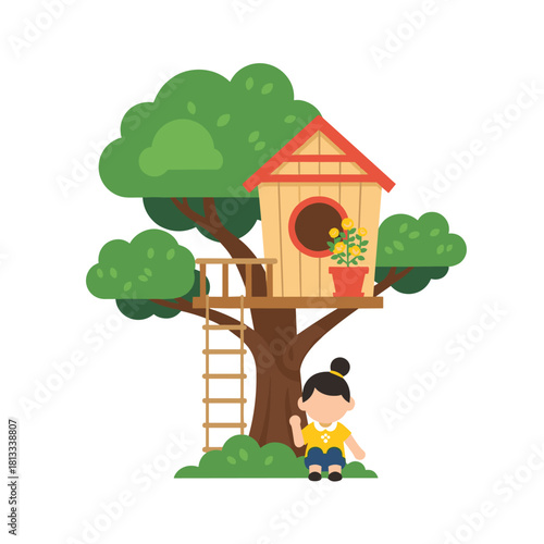 A cute cartoon girl sits at the base of a large, leafy tree, waving happily from below a charming wooden treehouse decorated with a potted yellow flower.