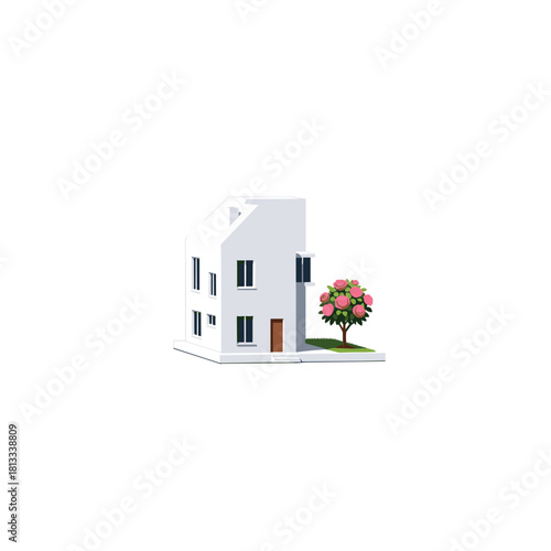 A minimalist architectural illustration of a modern white house with a single, beautiful pink rose bush growing in the small front yard on a white background.