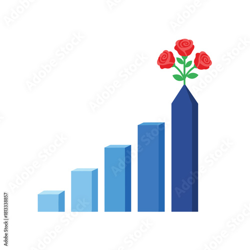 A blue bar chart shows steady growth, with the final and tallest bar successfully blooming into a beautiful bouquet of three red roses at the top.