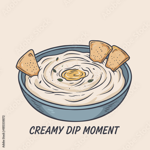 Creamy Appetizer Dip Illustration.Hand Drawn Hummus Bowl Graphic.Vintage Pita Chips and Dip Art.Snack Food Retro Vector Artwork.Delicious Meze Dish Dr