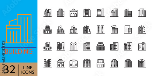 Building icons set. Vector illustration thin line modern style of building, Urban architecture, city skyscraper, downtown. A diverse collection of architectural building icons in a minimalist style. 