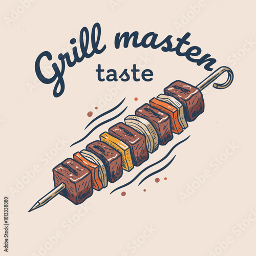 Grill Master Kebab Skewer Art.Retro BBQ Meat Label.Vintage Shish Kebab Badge.Hand Drawn Grill Food Poster.Engraved Street Food Vector