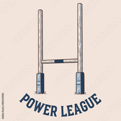 Rugby Goalposts Vintage Graphic.Power League Sport Emblem.Retro Rugby Field Posts Art.Hand Drawn Football Goal.H Shaped Posts Badge Design