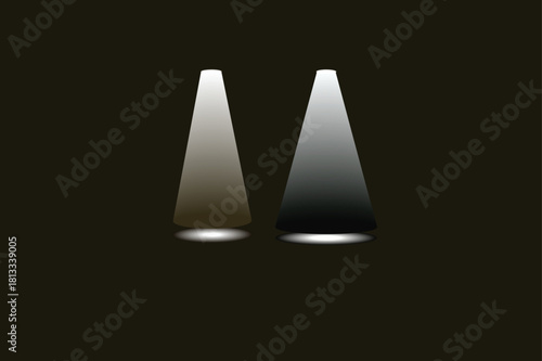 Spotlight effect image features black and white cone-shaped objects, embodying a minimalist aesthetic. It appears to focus on the interplay of light and shadow.