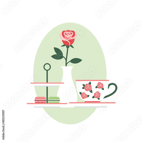 A charming afternoon tea setting with a teacup decorated with roses, a single red rose in a vase, and macarons on a tiered stand, all in a soft color palette.