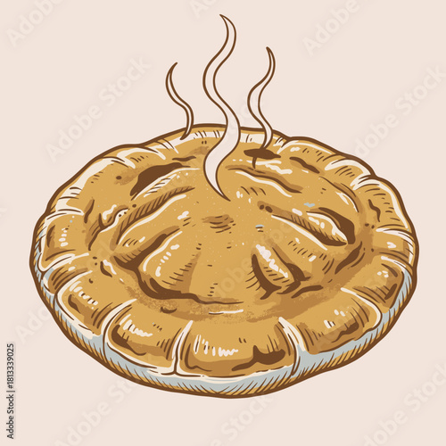 Hot Homemade Baked Pie.Steaming Savory Pastry.Retro Food Illustration.Hand Drawn Culinary Art.Traditional Dinner Pasty
