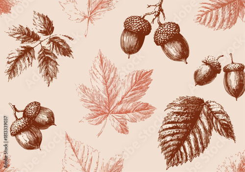 가을 시즌의 도토리와 단풍잎 패턴, 손으로 그린 빈티지 일러스트 스타일의 배경