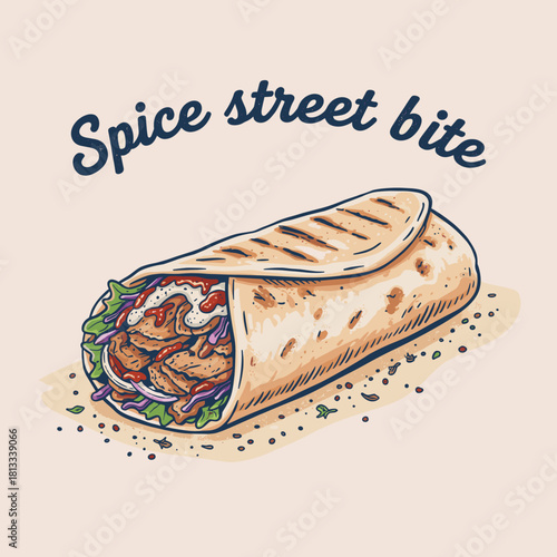 Spice street wrap vector.Vintage delicious kebab art.Hand drawn shawarma graphic.Retro street food burrito.Grilled tortilla lunch design