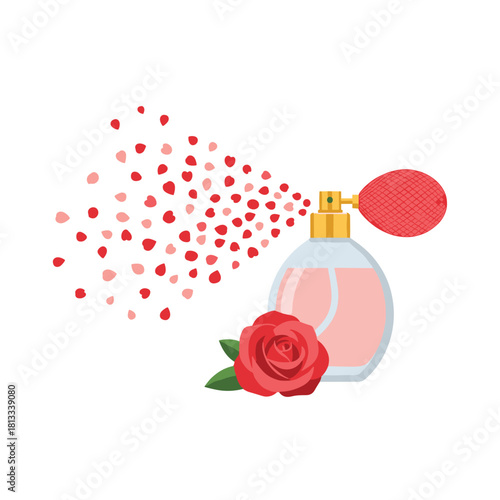 A vintage perfume bottle with a red atomizer bulb sprays a cloud of tiny pink and red hearts instead of mist, with a single red rose at its base.