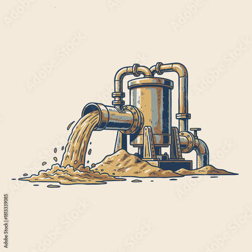 Retro Dredging Pump System.Vintage Industrial Machinery Art.Sand Expelling Pipe Illustration.Hydraulic Mining Equipment.Engraving Mud Pump Graphic
