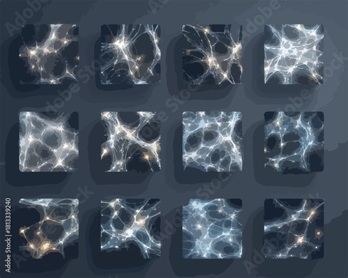 추상적인 신경망 연결 패턴을 보여주는 12개의 네온 빛나는 큐브 세트