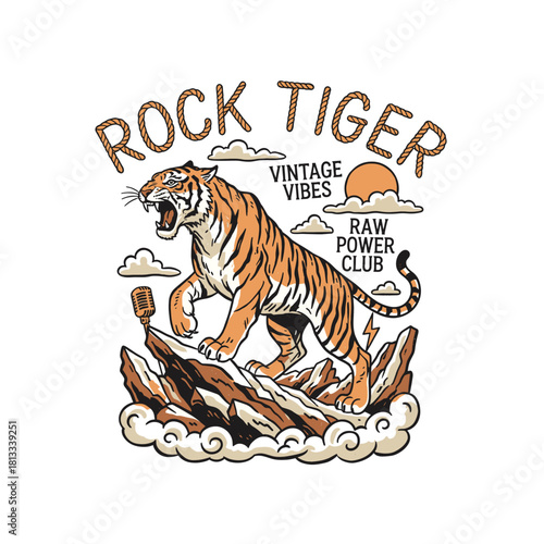 Vintage Rock Tiger illustration.Raw power club mascot.Retro roaring jungle cat graphic.Tiger on mountain rock design.Classic style apparel art