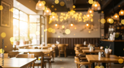 Warmly lit restaurant interior with wooden tables and bokeh lights dining chairs