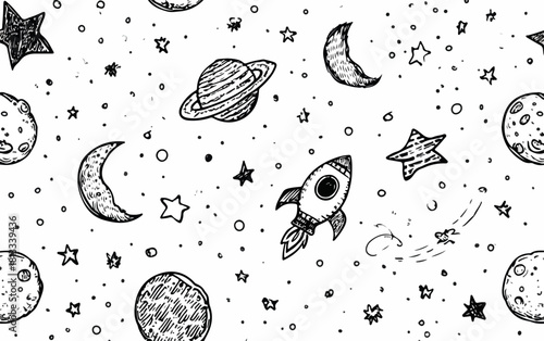 우주 테마의 귀여운 손그림 패턴, 로켓, 행성, 달, 별, 만화 스타일의 배경