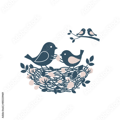A lovely family of birds is depicted with two parent birds in a nest made of twigs and pink roses, while two baby birds sit on a branch nearby.