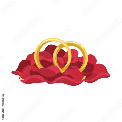 Two golden wedding rings rest together on a soft, lush bed of vibrant red rose petals, symbolizing a deep and passionate marital union and commitment.