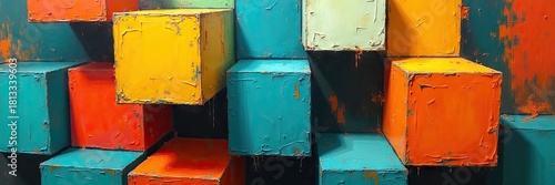 Abstract artwork presents a vibrant arrangement of colorful cubes, showcasing rich texture and dynamic composition.