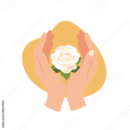 Two gentle hands are cupped together, carefully holding and presenting a single, beautiful white rose against a soft yellow background, symbolizing purity and peace.