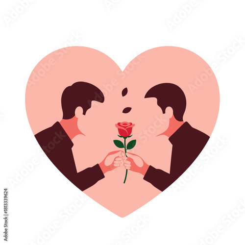 Two men are framed within a large pink heart, lovingly offering a single red rose to each other, representing gay romance and Valentine's Day.