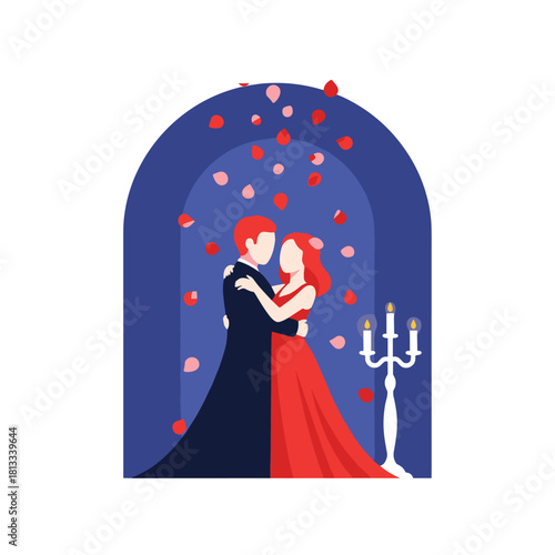 A romantic couple dances intimately under a dark blue archway, as beautiful red and pink rose petals rain down around them, illuminated by a candelabra.