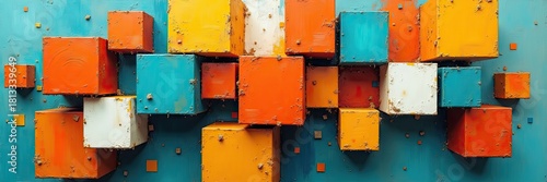 An abstract artistic composition showcases a vibrant arrangement of colorful square blocks, each with unique textures, hues, and shadows.