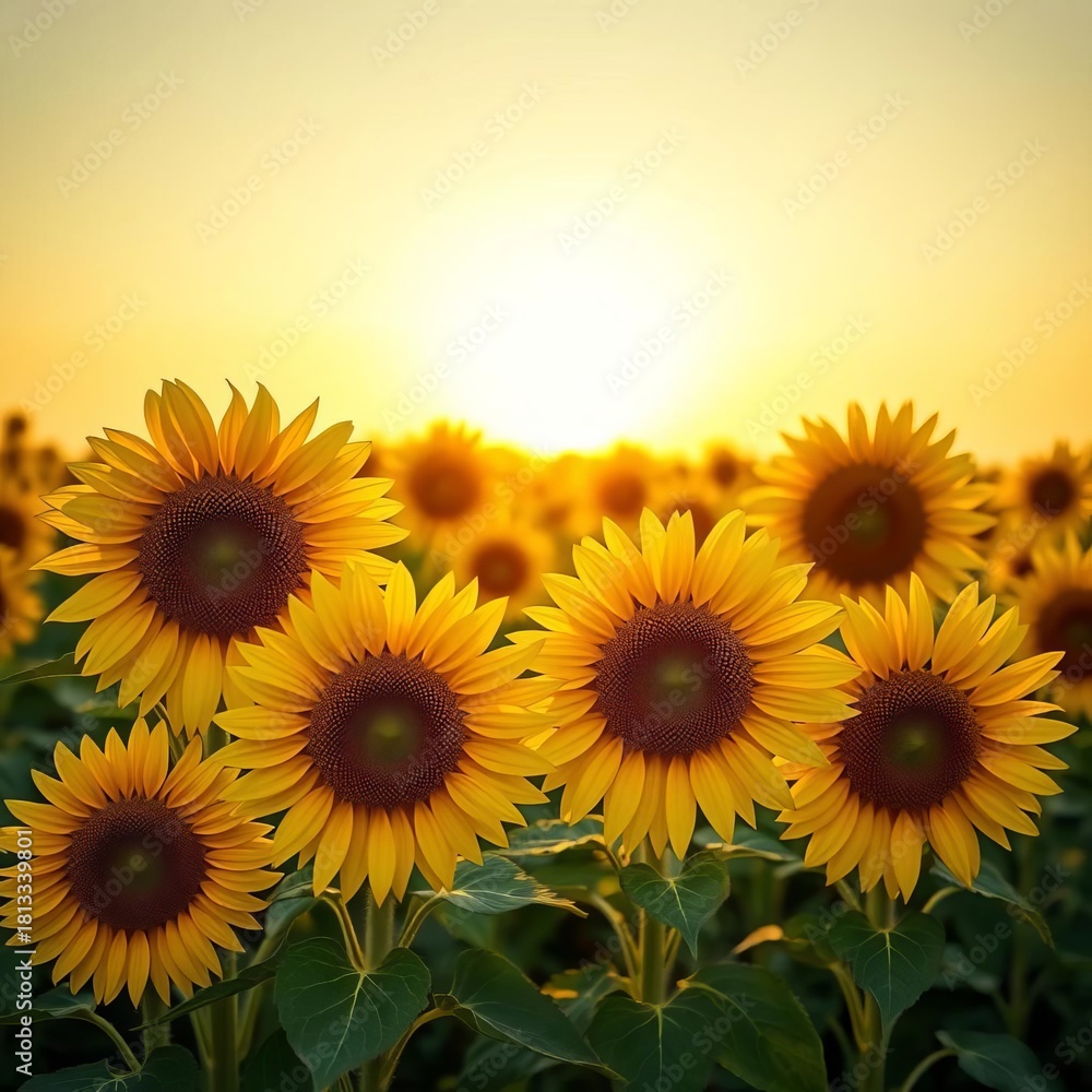 Obraz premium Bright yellow sunflower faces turning towards the warm sun in a field, plant, large flower