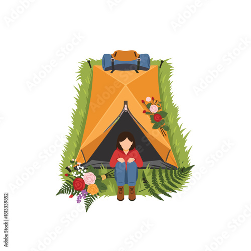 Woman enjoying a quiet moment in nature, sitting outside her orange tent surrounded by beautiful bouquets of roses and other wildflowers.