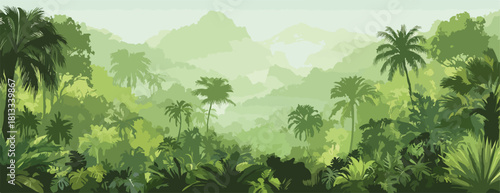 안개 낀 열대 우림 풍경, 울창한 녹색 식물과 야자수가 겹겹이 쌓인 산맥을 배경으로 펼쳐집니다.