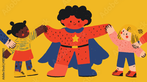 Adorable superhero child surrounded by supportive friends representing bravery, unity, and encouragement for global Rare Disease Day awareness efforts.