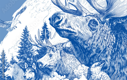 북유럽 야생 동물들이 숲과 산을 배경으로 함께 어우러진 섬세한 펜 드로잉 일러스트