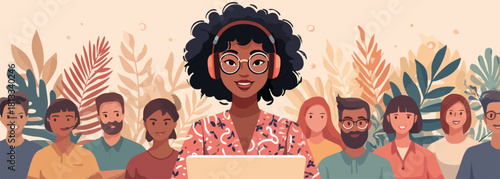 다양한 인종의 사람들이 모여 협력하고 소통하는 현대적인 비즈니스 환경을 묘사한 벡터 일러스트레이션