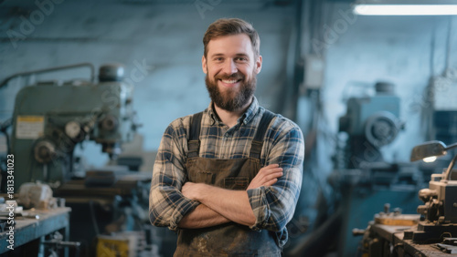 Smiling bearded man with crossed arms wearing apron stands in a machine shop environment