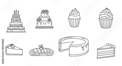 Variety of sweet desserts cakes cupcakes and slices in black outline