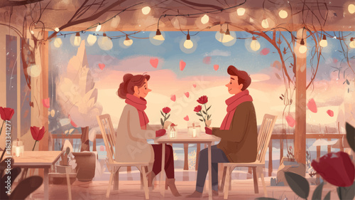 Romantic couple exchanging roses under glowing sunset lights, creating a warm heartfelt Rose Day moment perfect for presentations and invitations.