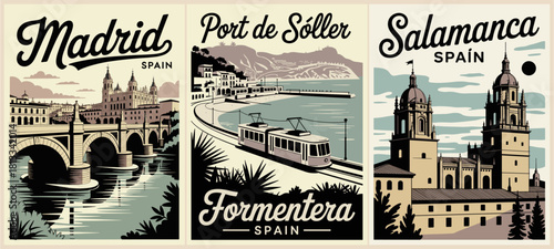 Vintage-style Spain travel poster set in retro linocut design, featuring iconic landmarks of Madrid, Port de Sóller, Formentera, and Salamanca in bold, nostalgic colors and textured details