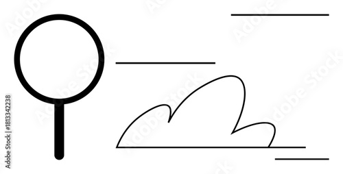 Magnifying glass next to a cloud shape with sleek lines. Ideal for research, analysis, exploration, focus, discovery, technology, and innovation concepts. Simple flat metaphor