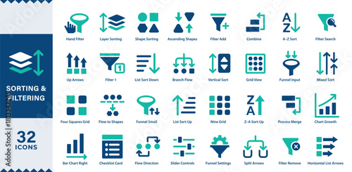Sorting and filtering icon set. Containing filter, list, arrange, refine, sort, organize, priority, reorder, category and more. Solid Vector Icons Pack for Productivity and Analytics Platforms