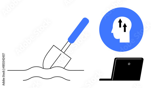 Digital progress concept. Digital progress ed with a shovel digging, human development symbol, and technology integration. Digital progress in innovation, growth, and future transformation. Ideal