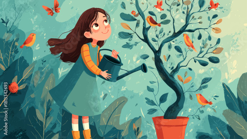 Whimsical Jewish girl joyfully watering a young tree for Tu Bishvat, celebrating growth, ecology, childhood wonder, and the meaningful tradition of nurturing nature.