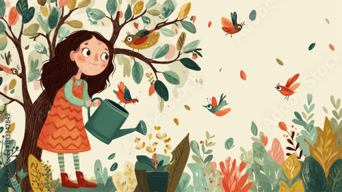 Whimsical Jewish girl joyfully watering a young tree for Tu Bishvat, celebrating growth, ecology, childhood wonder, and the meaningful tradition of nurturing nature.