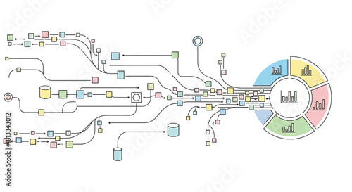 Conceptual illustration of data flow and processing with a circular chart representing analytics and insights