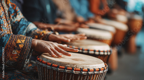 Traditional African drummers performing rhythmic music together during a vibrant cultural Kwanzaa community celebration
