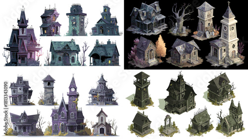 Detailed illustration set of haunted houses with eerie towers, creepy trees, and dark fantasy architecture. Perfect for Halloween themes, game design, spooky stories, and gothic artwork.