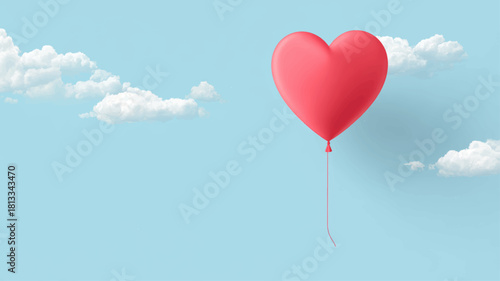 Romantic heart-shaped balloon drifting across a soft blue sky with dreamy clouds, perfect for Valentine’s Day backgrounds, presentations, and elegant vector designs with generous copy space.