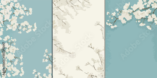 파스텔톤 배경에 벚꽃 가지가 섬세하게 그려진 동양적인 느낌의 벡터 일러스트