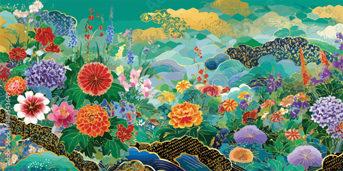 화려하고 다채로운 동양적인 꽃과 산수 풍경의 벡터 일러스트레이션