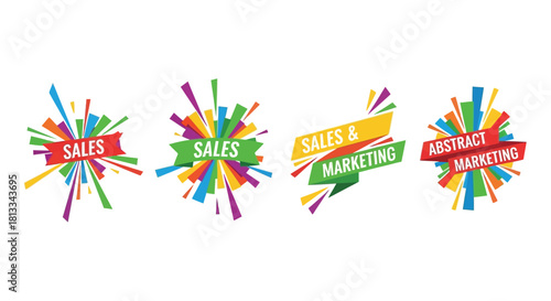 Colorful explosion badges with sales and marketing text overlays