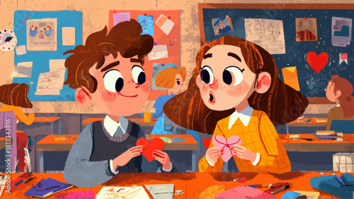 Sweet and charming Valentine’s Day classroom scene of two children exchanging handmade hearts, ideal for kid-friendly presentations, seasonal marketing, and warm storytelling vector designs.