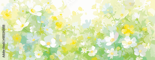 부드러운 수채화 스타일의 화사한 봄꽃 배경, 싱그러운 녹색과 노란색의 조화