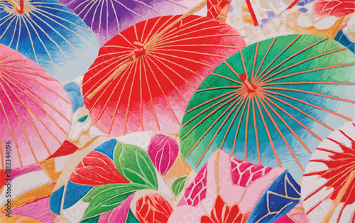 다채로운 색상의 일본 전통 우산이 가득한 화려하고 패턴화된 배경